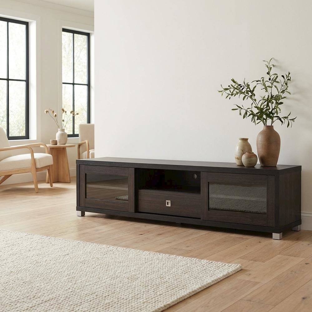 Alt View 2. FurniFact - Contemporary Dark Brown TV Cabinet with Sliding Doors and Drawer - Brown.