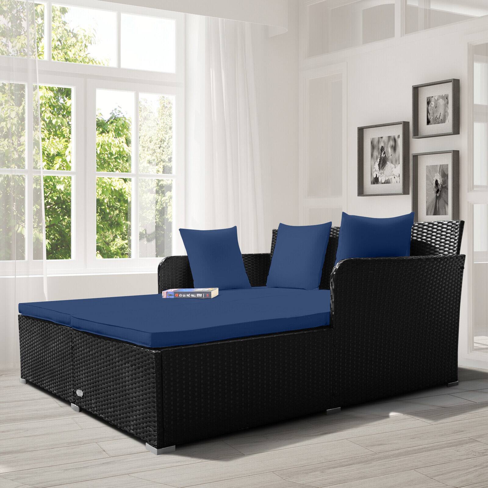 Angle. SlickBlue - Spacious Rattan Daybed with Soft Cushions and Pillows for Outdoor Relaxation - Navy.