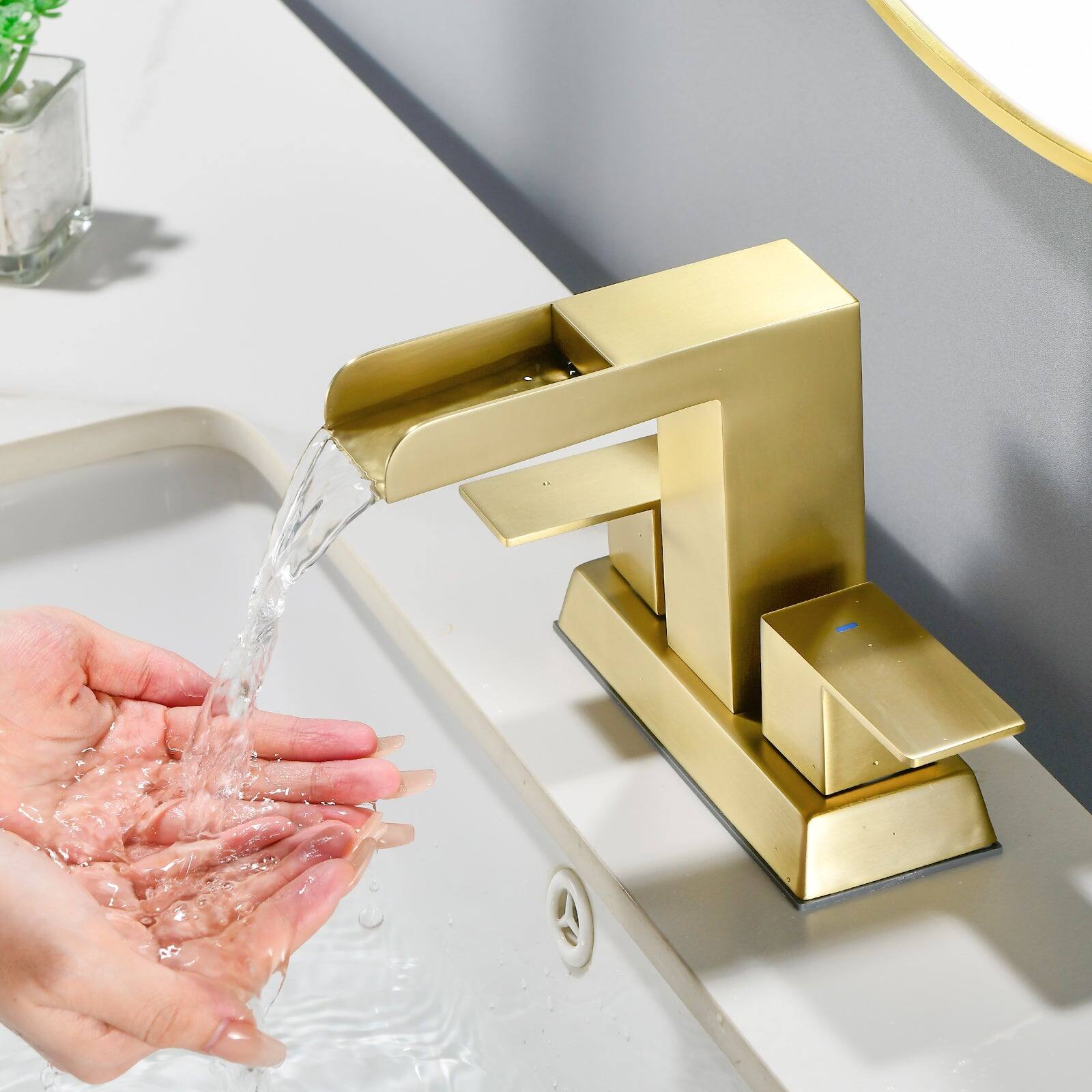 Alt View 4. Boyel Living - Brushed Gold 4 Inch Centerset Faucet SUS304 Waterfall Spout 1.2GPM Dual Handle Pop Up Drain - Brushed Gold.