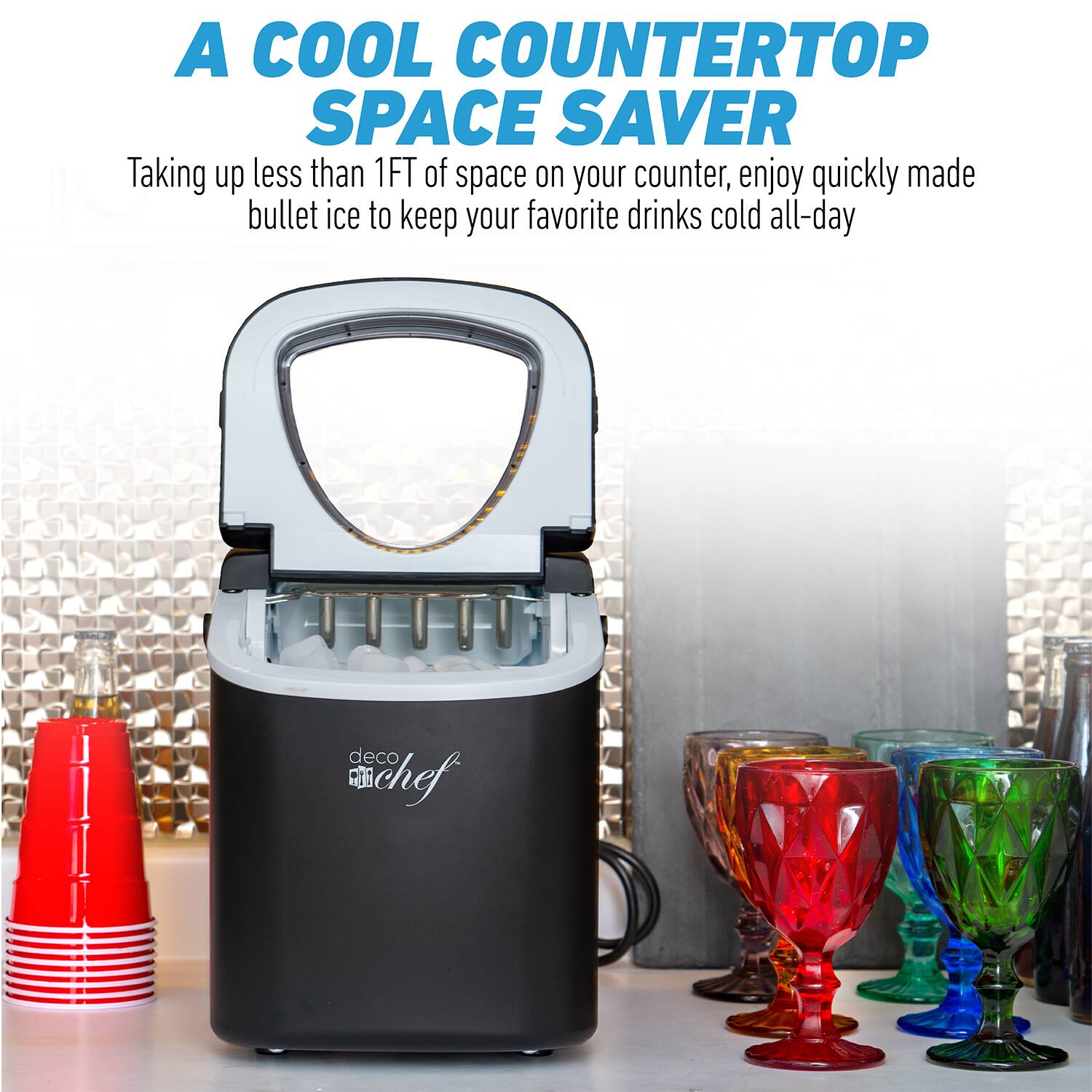A COOL COUNTERTOP SPACE SAVER

Taking up less than 1FT of space on your counter, enjoy quickly made bullet ice to keep your favorite drinks cold all-day

deco chef