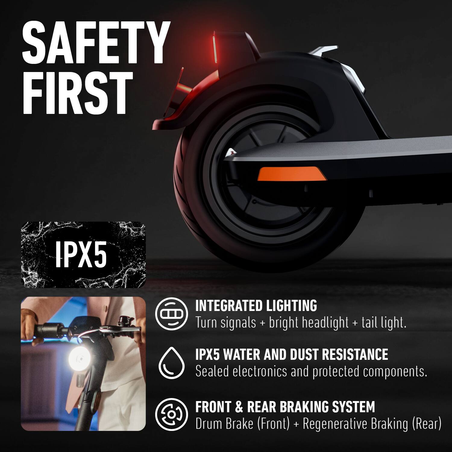 SAFETY FIRST

IPX5

INTEGRATED LIGHTING  
Turn signals + bright headlight + tail light.

IPX5 WATER AND DUST RESISTANCE  
Sealed electronics and protected components.

FRONT & REAR BRAKING SYSTEM  
Drum Brake (Front) + Regenerative Braking (Rear)