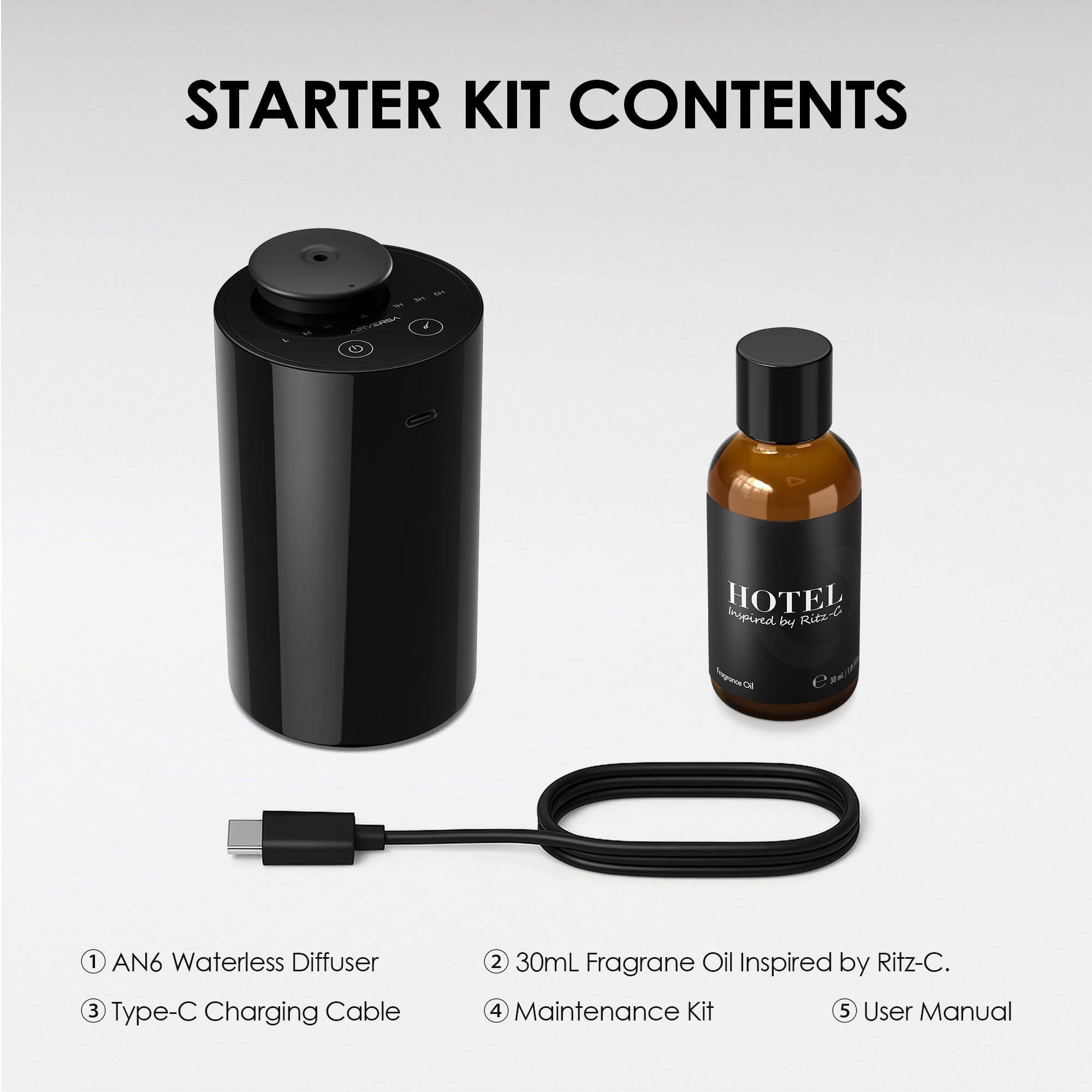 STARTER KIT CONTENTS

1. AN6 Waterless Diffuser
2. 30mL Fragrance Oil Inspired by Ritz-Carlton
3. Type-C Charging Cable
4. Maintenance Kit
5. User Manual