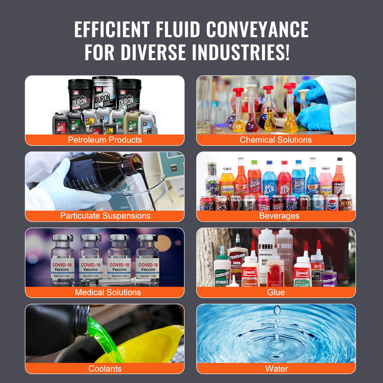 EFFICIENT FLUID CONVEYANCE FOR DIVERSE INDUSTRIES!

- Petroleum Products
- Chemical Solutions
- Particulate Suspensions
- Beverages
- Medical Solutions
- Coolants
- Glue
- Water