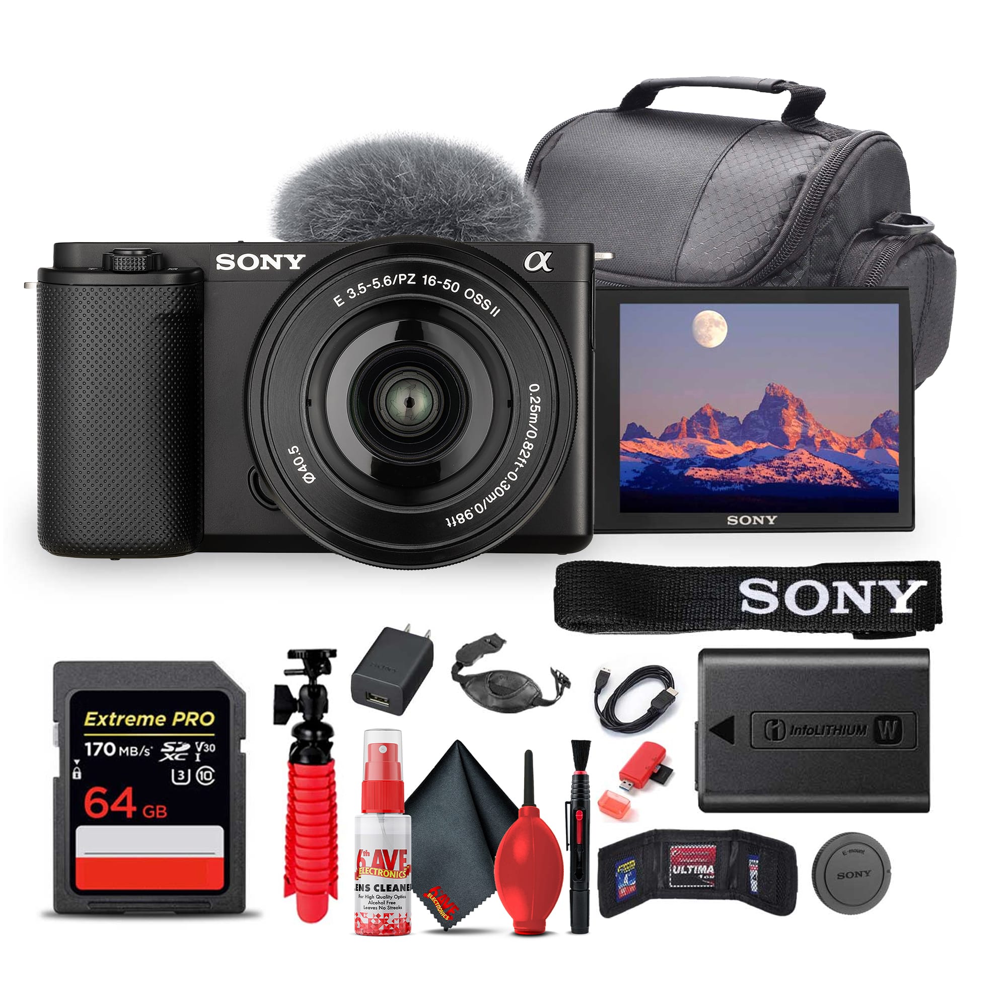Sony - ZV-E10 Mirrorless Camera with 16-50mm II Lens (Black) + 64GB Memory Card + Bag + More (International Model)