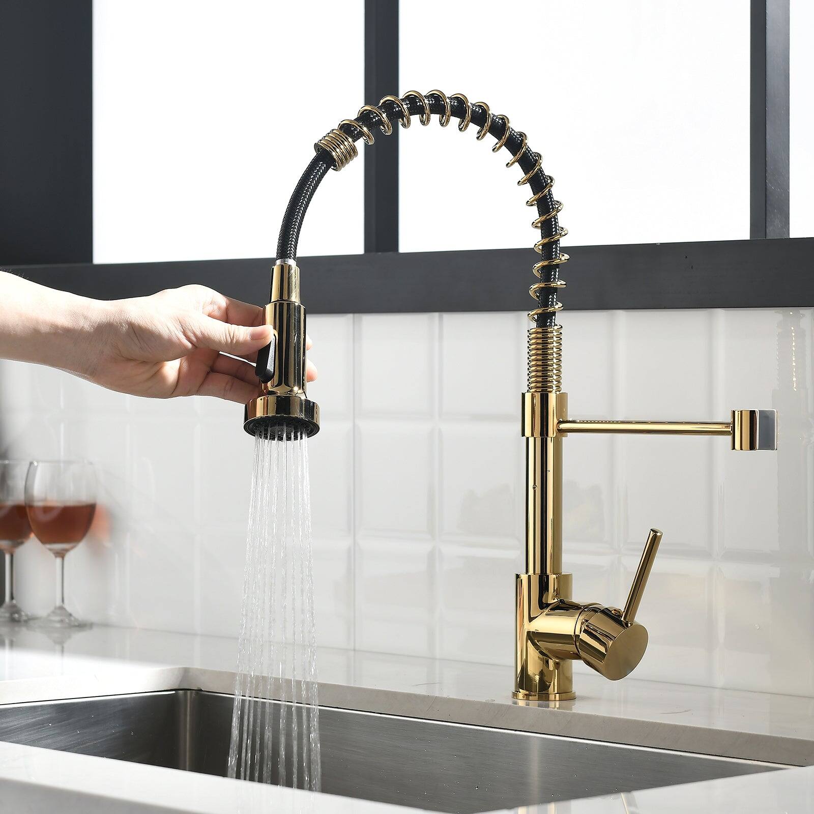Alt View 5. Boyel Living - Contemporary Single Handle Gooseneck Pull Down Sprayer Kitchen Faucet Brushed Gold - Brushed Gold.