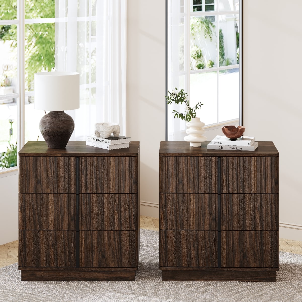 Loheer - Three Drawer Nightstand Pair with Vertical Stripe Design - Walnut
