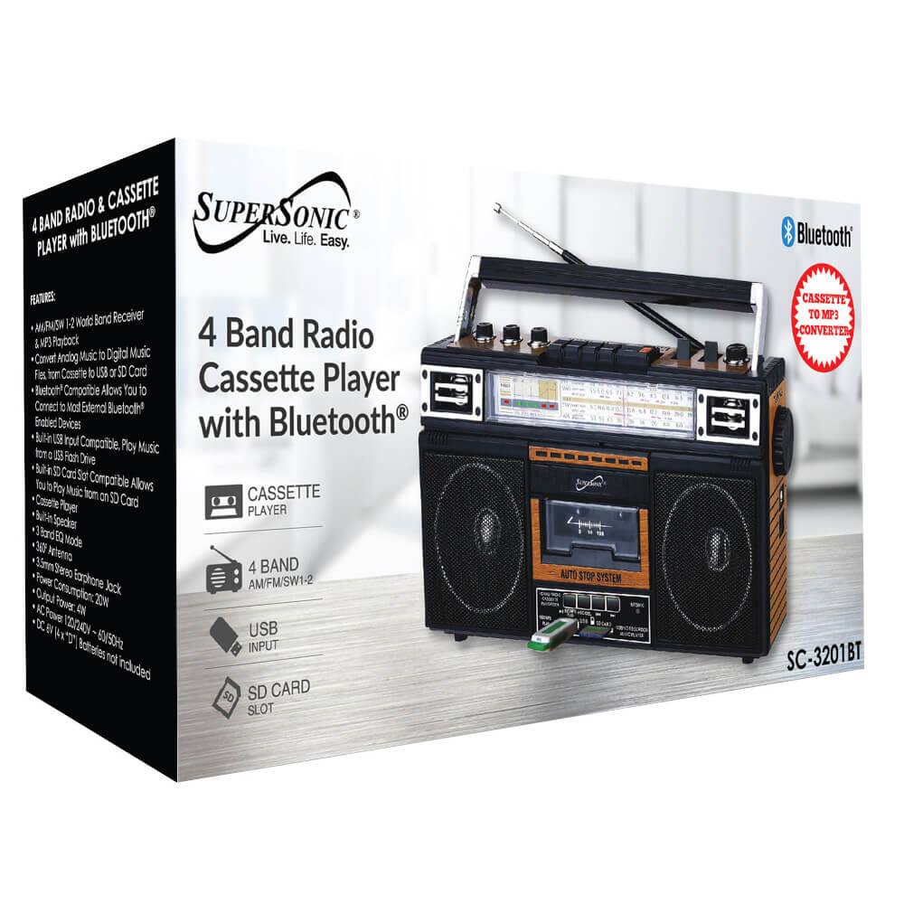 **4 Band Radio & Cassette Player with Bluetooth®**

**Live. Life. Easy.**

**Features:**
- **AM/FM/2 World Band Receiver**
- **MP3 Playback**
- **Convert Analog Music to Digital Music**
- **Play from Cassette to USB/SD Card**
- **Bluetooth® Compatible** - Allows you to connect to any Bluetooth® device
- **Connect to External Bluetooth® Devices**
- **Full-Range 8" Speaker**
- **USB and SD Card Compatible** - Play Music from USB or SD Card
- **Cassette Player** - Compatible with 3D Cassette
- **3.5mm Audio Jack**
- **3.5mm Aux Input**
- **Power Consumption: 20W**
- **DC Power Input: 12V/2A (Adaptor not included)**
- **Cassette to MP3 Converter**

**Cassette Player**

**4 Band AM/FM/SW1-2**

**USB Input**

**SD Card Slot**

**Bluetooth®**

**Cassette to MP3 Converter**

**SC-3201BT**