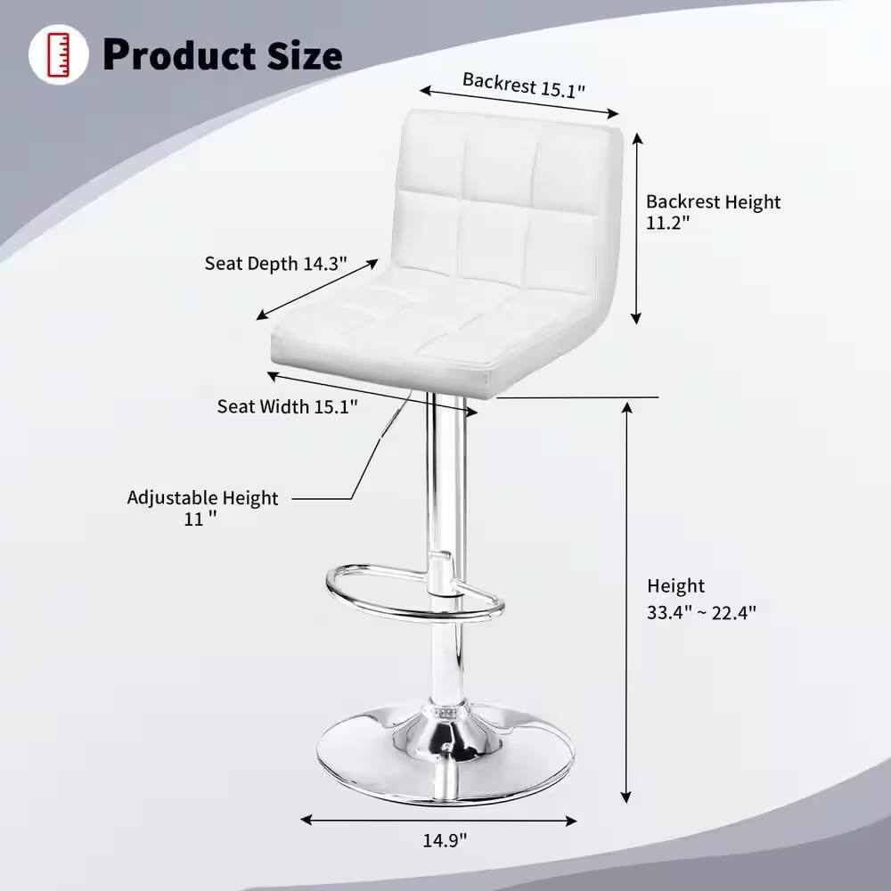 Product Size

- Backrest: 15.1"
- Backrest Height: 11.2"
- Seat Depth: 14.3"
- Seat Width: 15.1"
- Adjustable Height: 11"
- Height: 33.4" ~ 22.4"
- Base Diameter: 14.9"