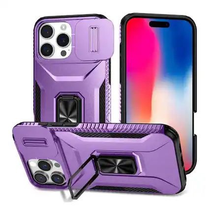 Front. Kitcheniva - Complete Protection Magnetic Stand Phone Case With Tempered Glass For iPhone 16 Pro Purple - Purple.