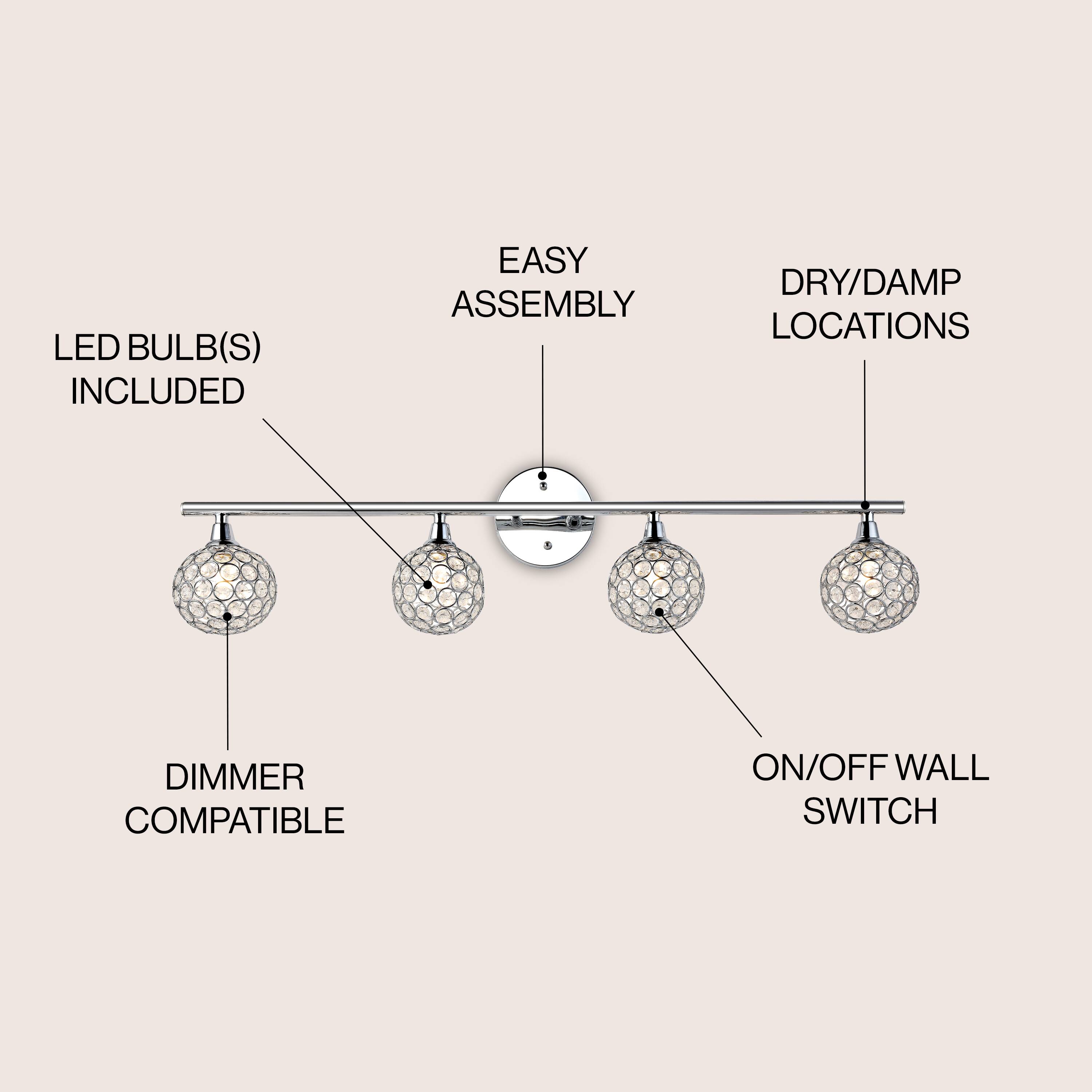 LED BULB(S) INCLUDED  
EASY ASSEMBLY  
DRY/DAMP LOCATIONS  
DIMMER COMPATIBLE  
ON/OFF WALL SWITCH