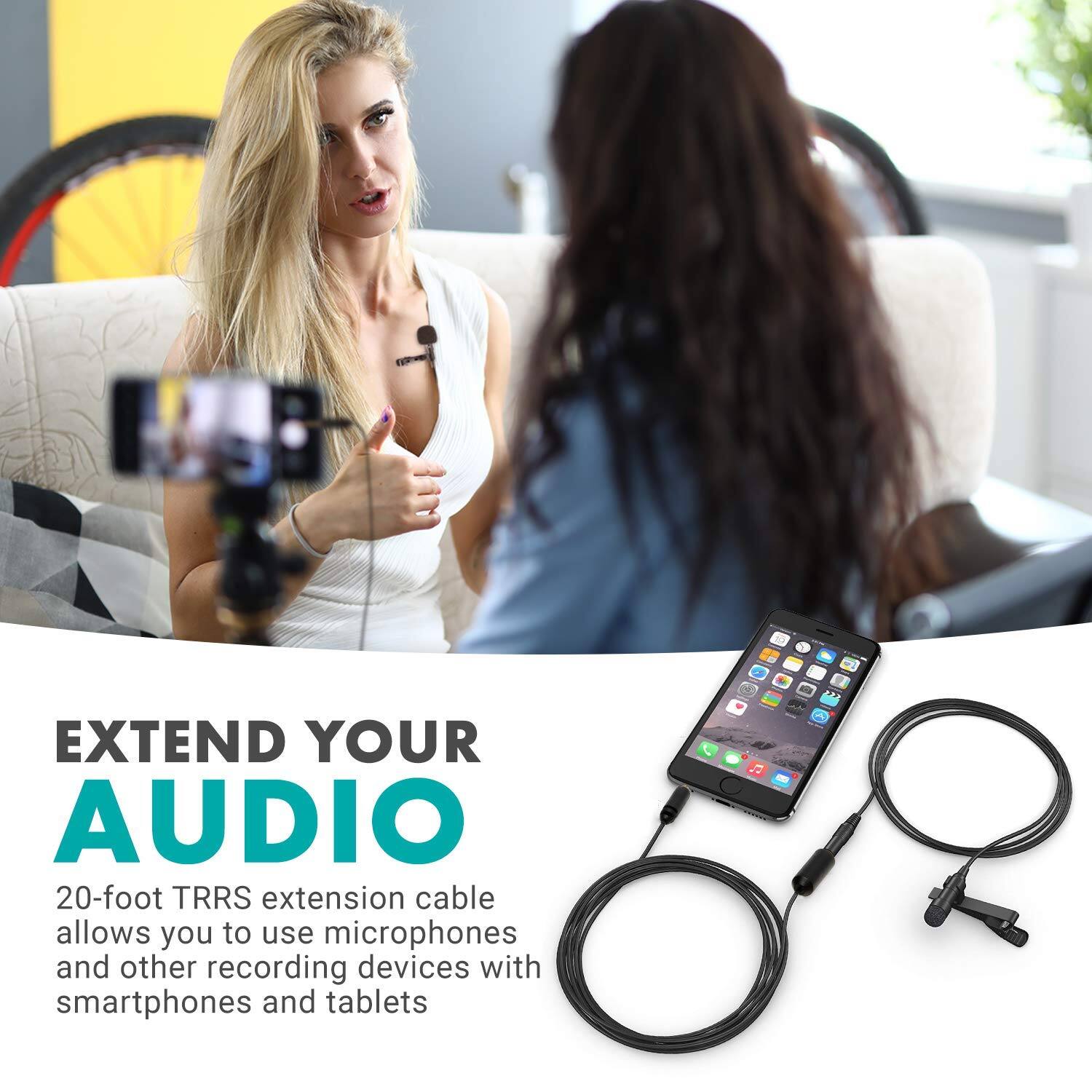 EXTEND YOUR AUDIO

20-foot TRRS extension cable allows you to use microphones and other recording devices with smartphones and tablets