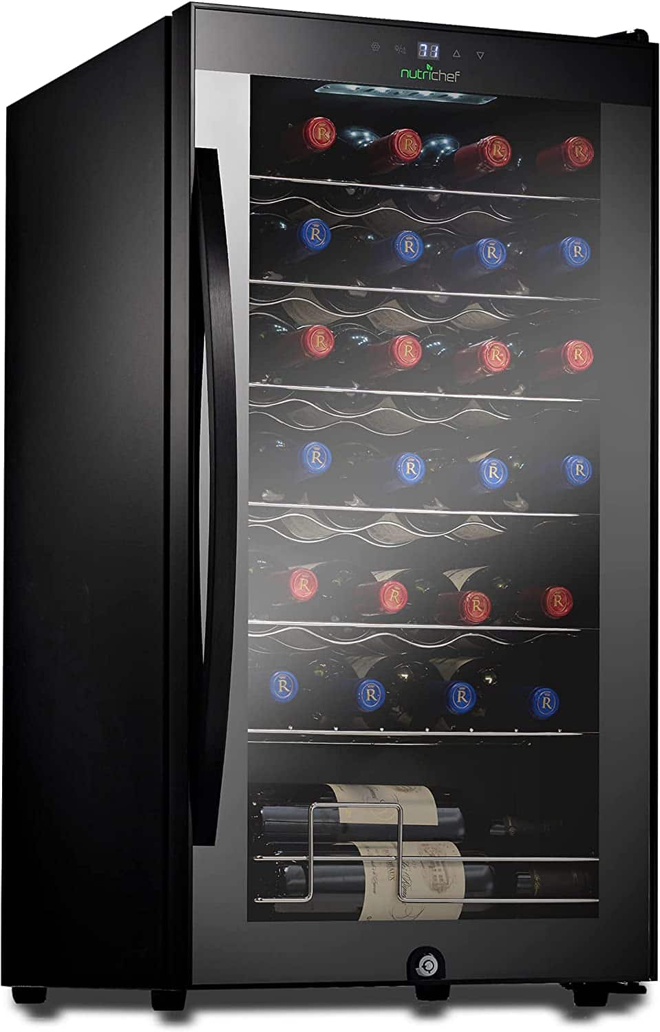 NutriChef - Wine Chilling Refrigerator Cellar - Single-Zone Wine Cooler/Chiller, Digital Touch Button (28 Bottle Storage Capacity) - Black