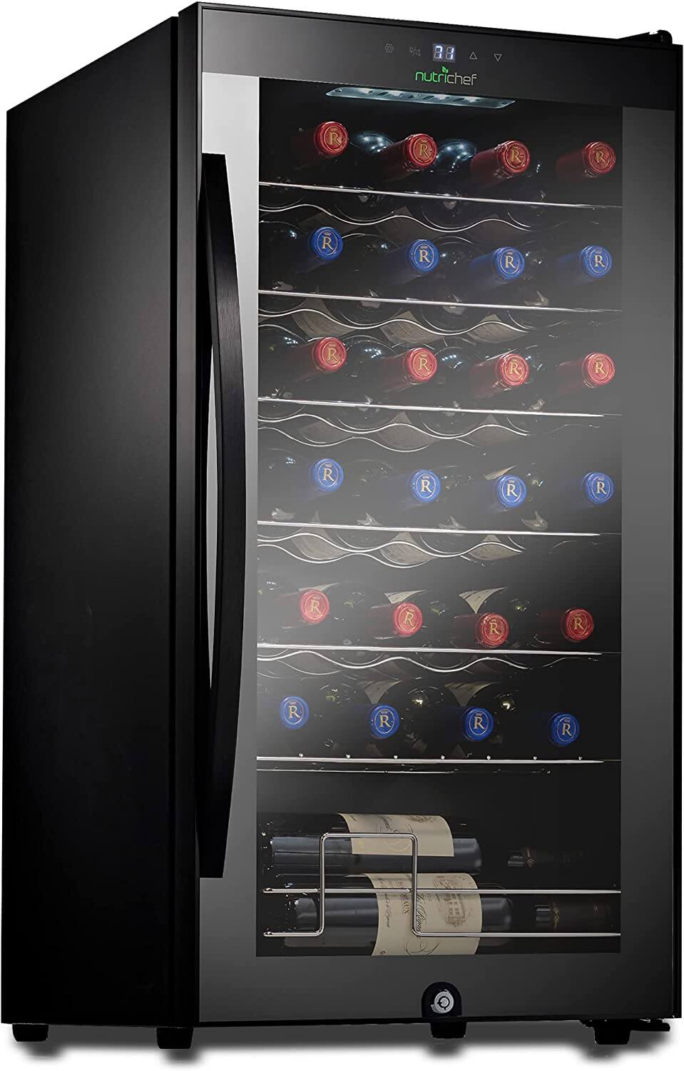 Front. NutriChef - Wine Chilling Refrigerator Cellar - Single-Zone Wine Cooler/Chiller, Digital Touch Button (28 Bottle Storage Capacity) - Black.