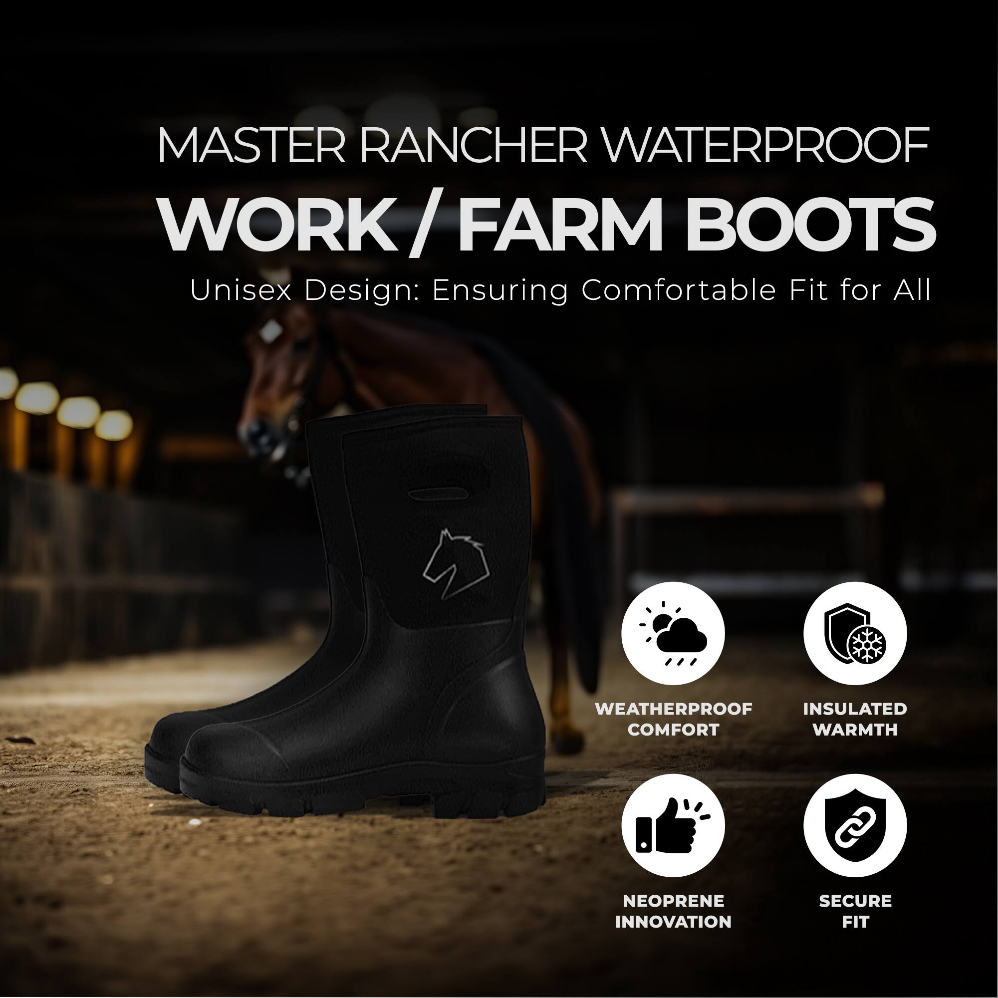 MASTER RANCHER WATERPROOF WORK / FARM BOOTS  
Unisex Design: Ensuring Comfortable Fit for All  

- WEATHERPROOF COMFORT  
- INSULATED WARMTH  
- NEOPRENE INNOVATION  
- SECURE FIT