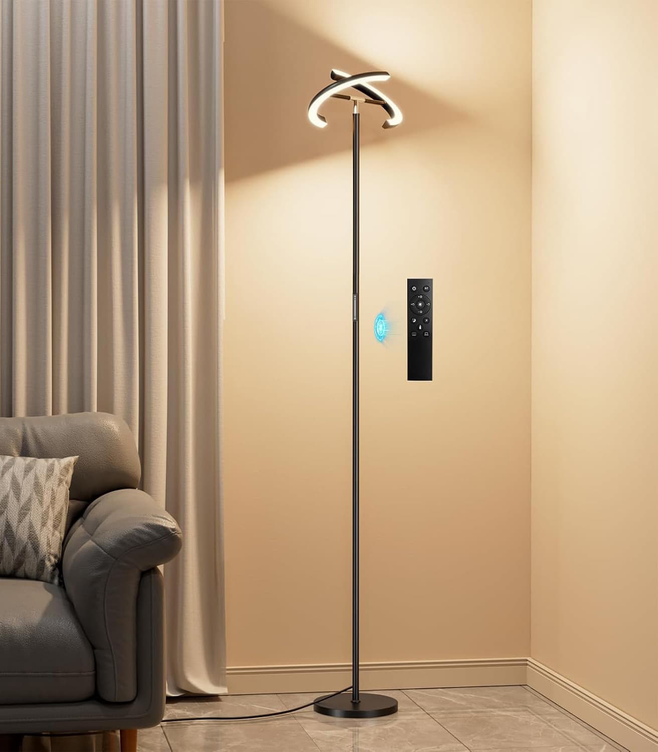 Alt View 2. FINEAK - 70" Modern LED Floor Lamp - Black Tall Standing Lamp with 2 Rotatable Lights | 24W Bright Stepless - Balck.