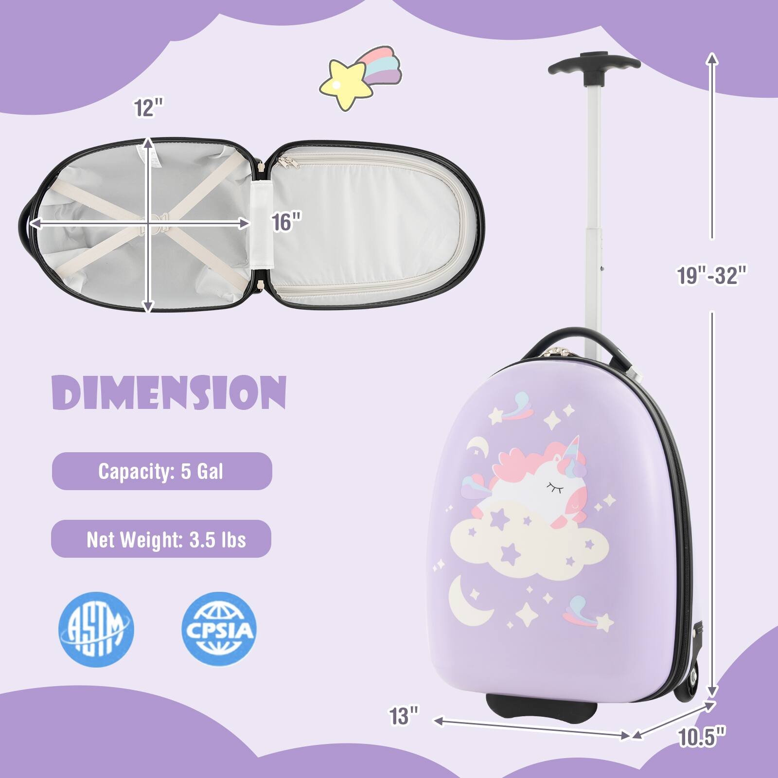 The text on the image reads: "Dimension: 12" 16" 19"-32" Capacity: 5 Gal Net Weight: 3.5 lbs HM 'UII7 CPSIA 13" 10.5"".