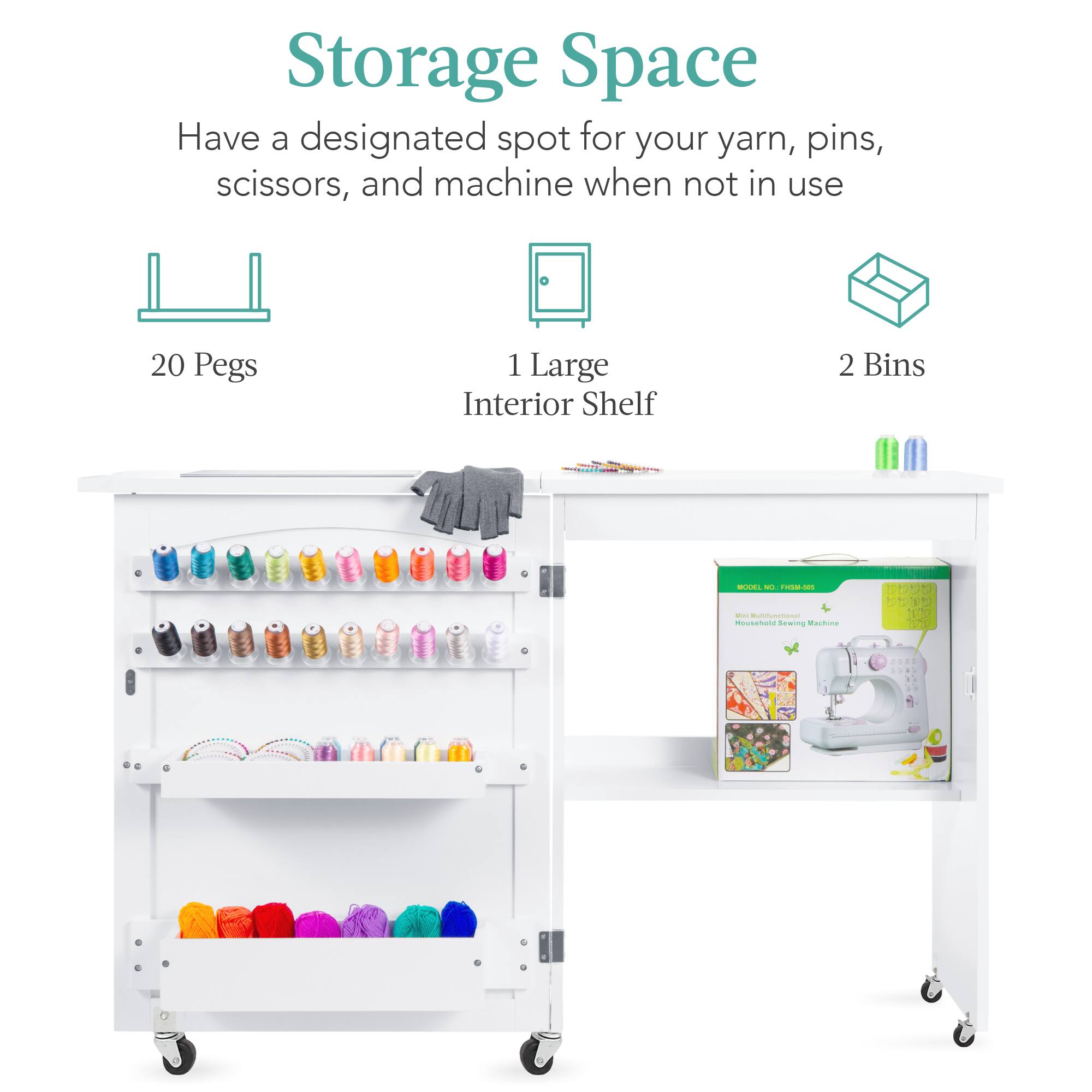 Storage Space: Have a designated spot for your yarn, pins, scissors, and machine when not in use.

- 20 Pegs
- 1 Large Interior Shelf
- 2 Bins