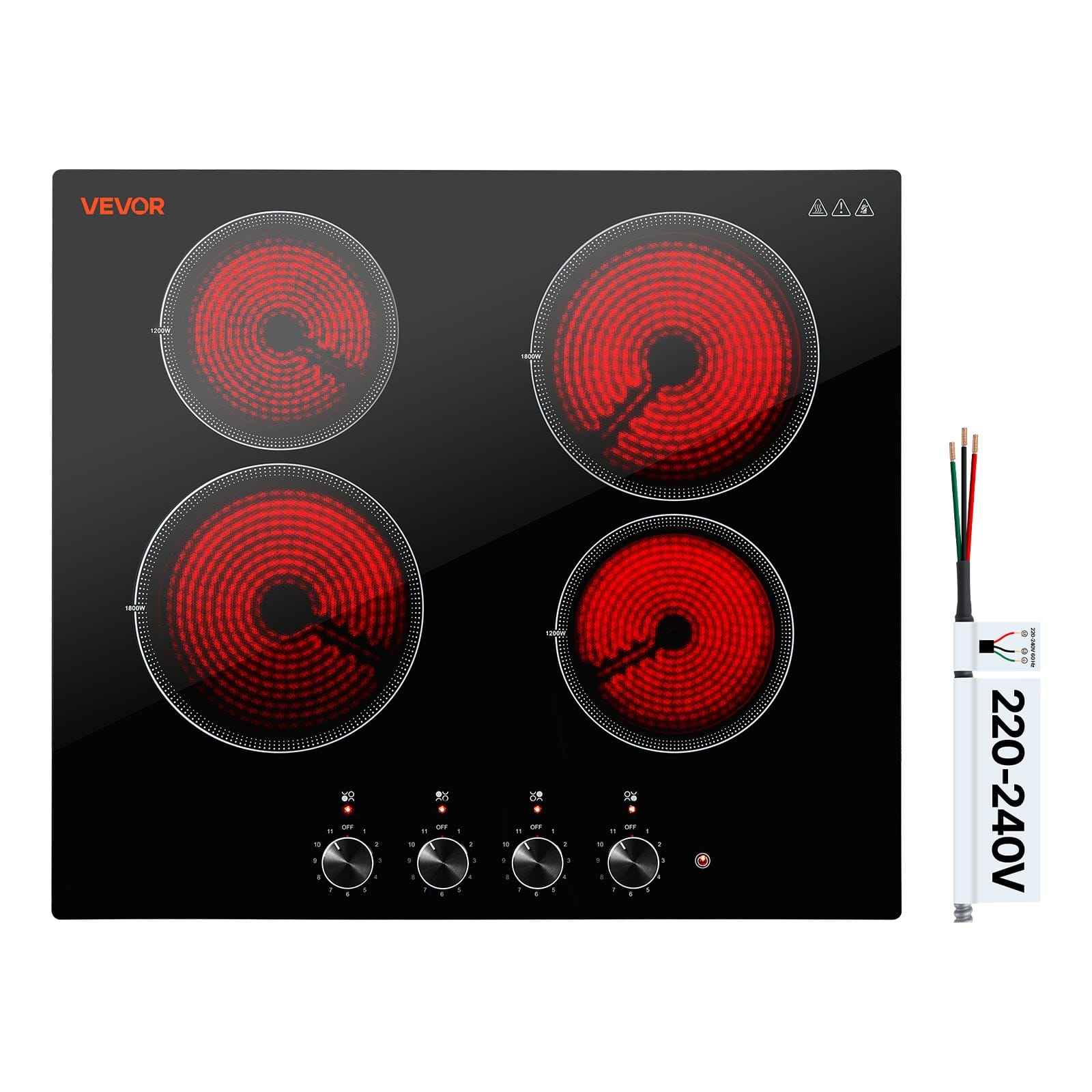 VEVOR - Electric Cooktop 24inch 4 Burners Stove Top 6000W 220V No Plug, Ceramic Built-in Radiant Electric Stove - Black