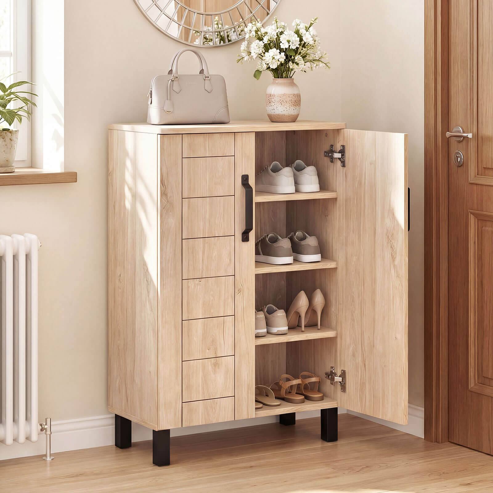 Alt View 1. Costway - Costway 5-Tier Shoe Storage Cabinet with 2 Doors, Removable Shelves & Ventilation Hole - Natural Oak.