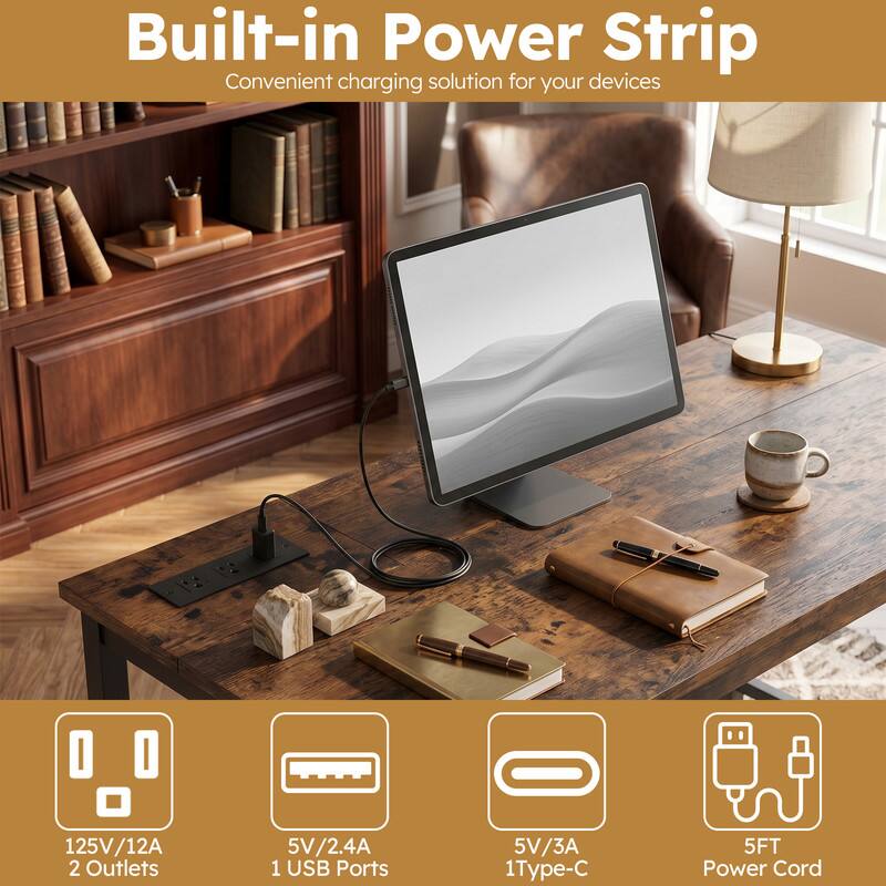 Built-in Power Strip  
Convenient charging solution for your devices  

- 125V/12A  
- 2 Outlets  
- 5V/2.4A  
- 1 USB Ports  
- 5V/3A  
- 1 Type-C  
- 5FT Power Cord