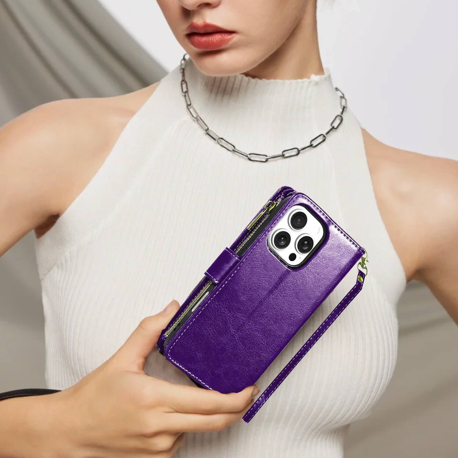 Alt View 7. Equipd - Phone Case for iPhone 16 Pro Max 6.9", Luxury Wallet Card ID Zipper Money Holder Cover (Purple) - Purple.