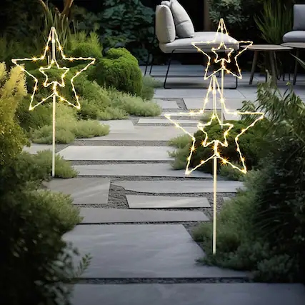 Front. Oumilen - Solar Star Stake Lights 3-in-1 Warm White LED 35In with 8 Lighting Modes & Timer.