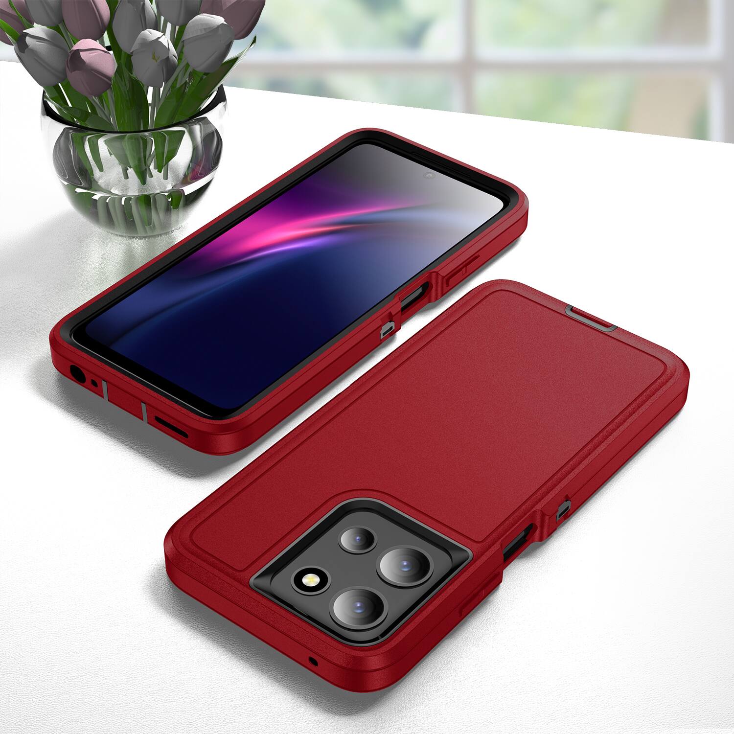 Angle. Dteck - Rugged Case for Motorola G 5G (2026/2025), Heavy-Duty Dual Layer Shockproof Protective Phone Cover - Red.