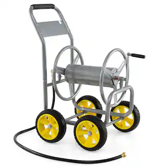 Gymax Garden Hose Reel Cart 4 Wheels 330 ft 5/8'' Large Capacity for Outside Yard Lawn Sliver