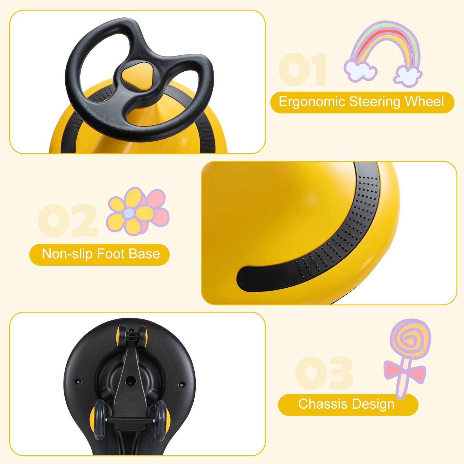 01 Ergonomic Steering Wheel  
02 Non-slip Foot Base  
03 Chassis Design