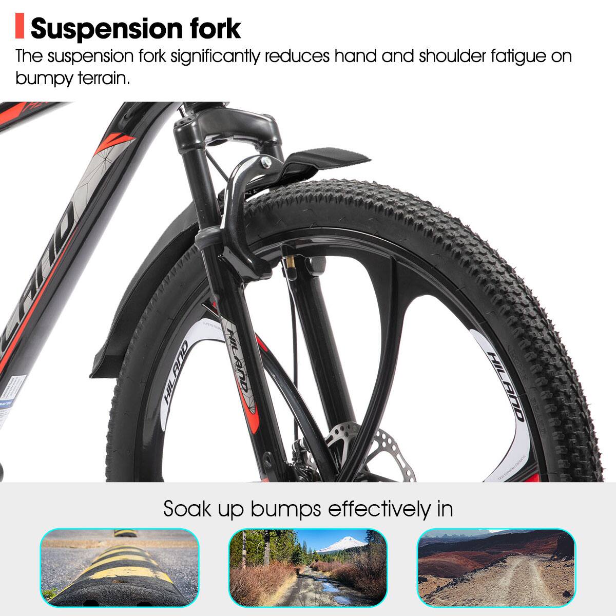 Suspension fork

The suspension fork significantly reduces hand and shoulder fatigue on bumpy terrain.

Soak up bumps effectively in