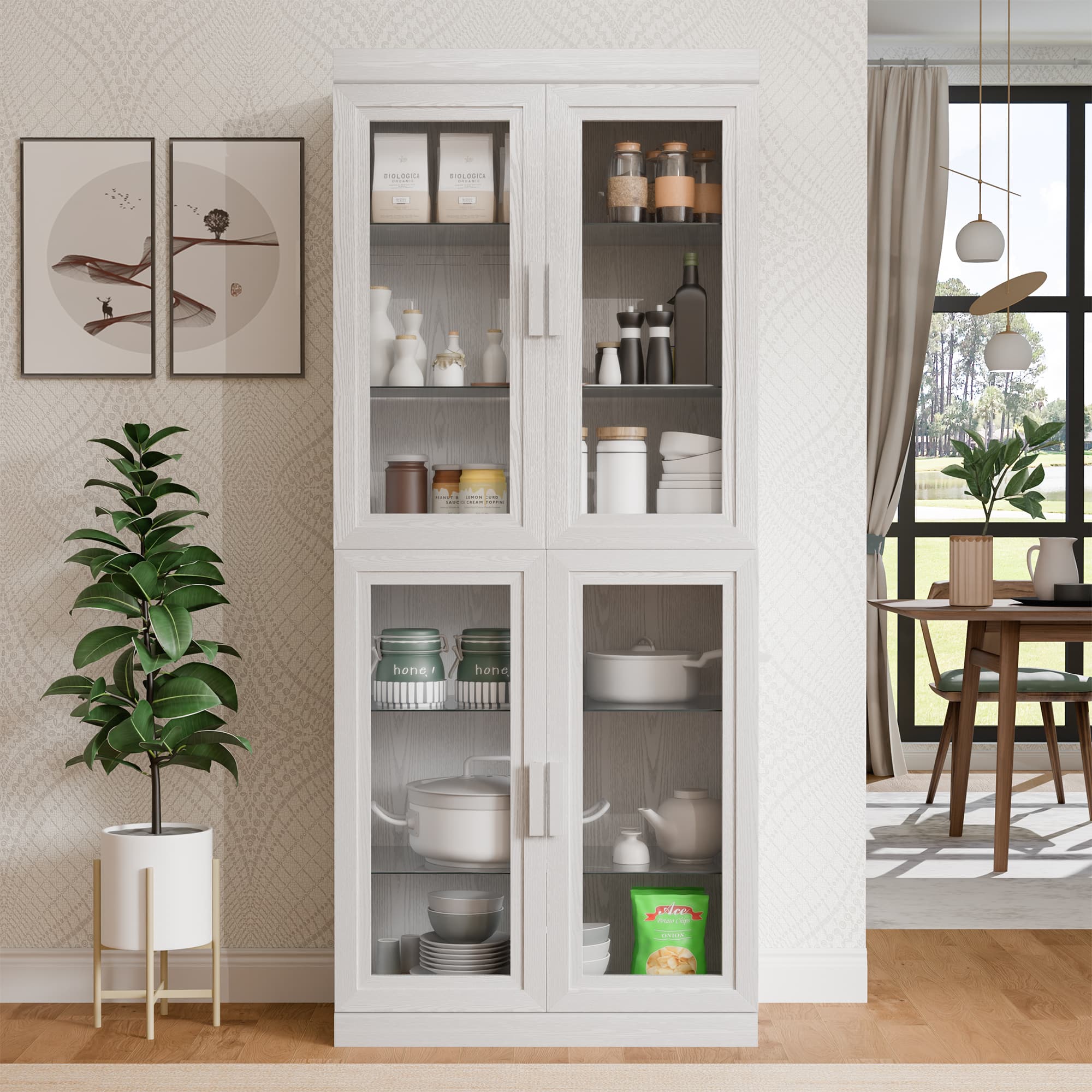 PexFix - 72" Kitchen Pantry Cabinet, Oak Freestanding Storage Cabinet with Glass Doors and Adjustable Shelves for Dining Room - White