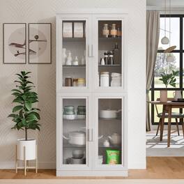 PexFix - 72" Kitchen Pantry Cabinet, Oak Freestanding Storage Cabinet with Glass Doors and Adjustable Shelves for Dining Room - White