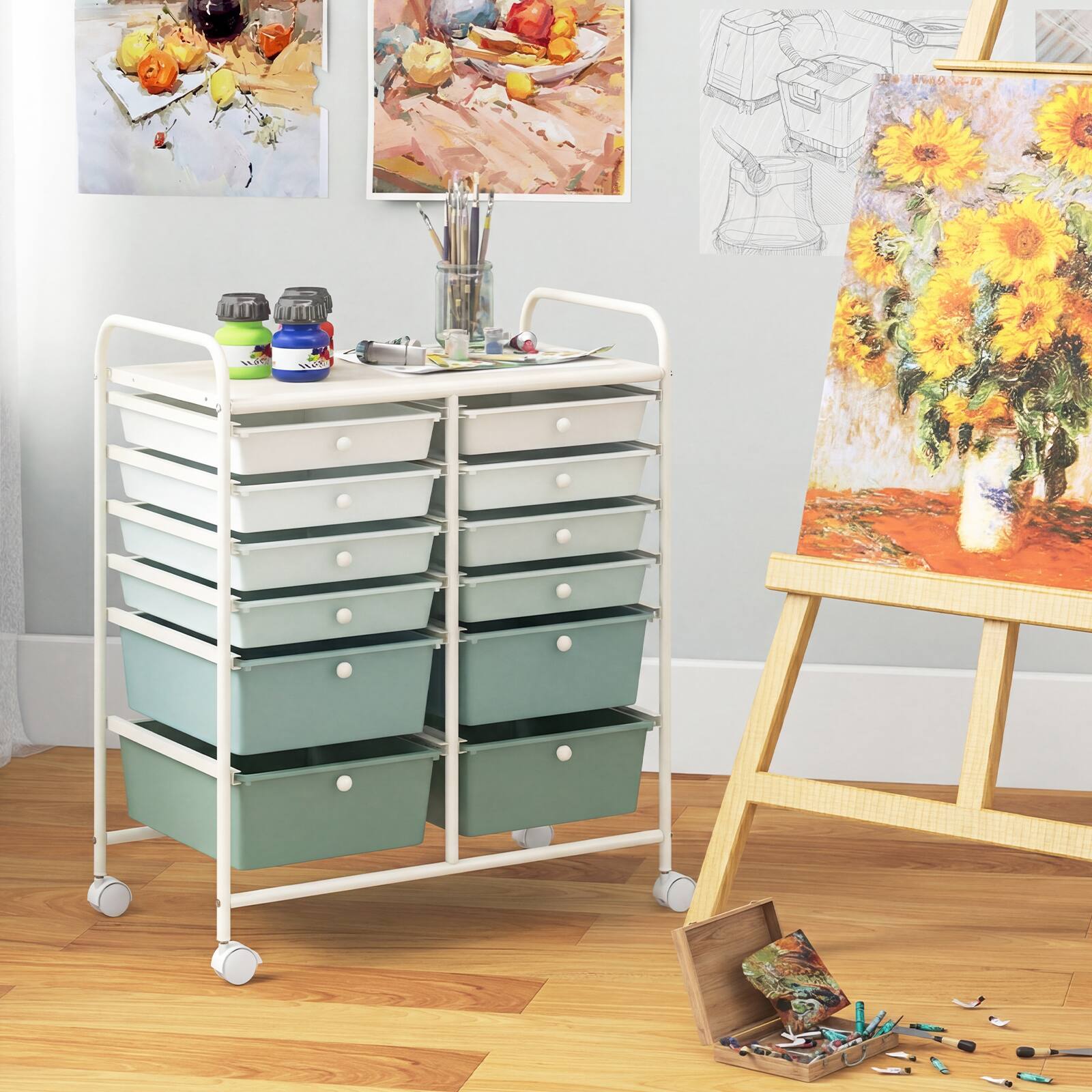 Alt View 3. Costway - Costway 12 Drawer Rolling Art & Craft Storage Cart Tools Scrapbook Paper Office School Organizer - Gradient Green.