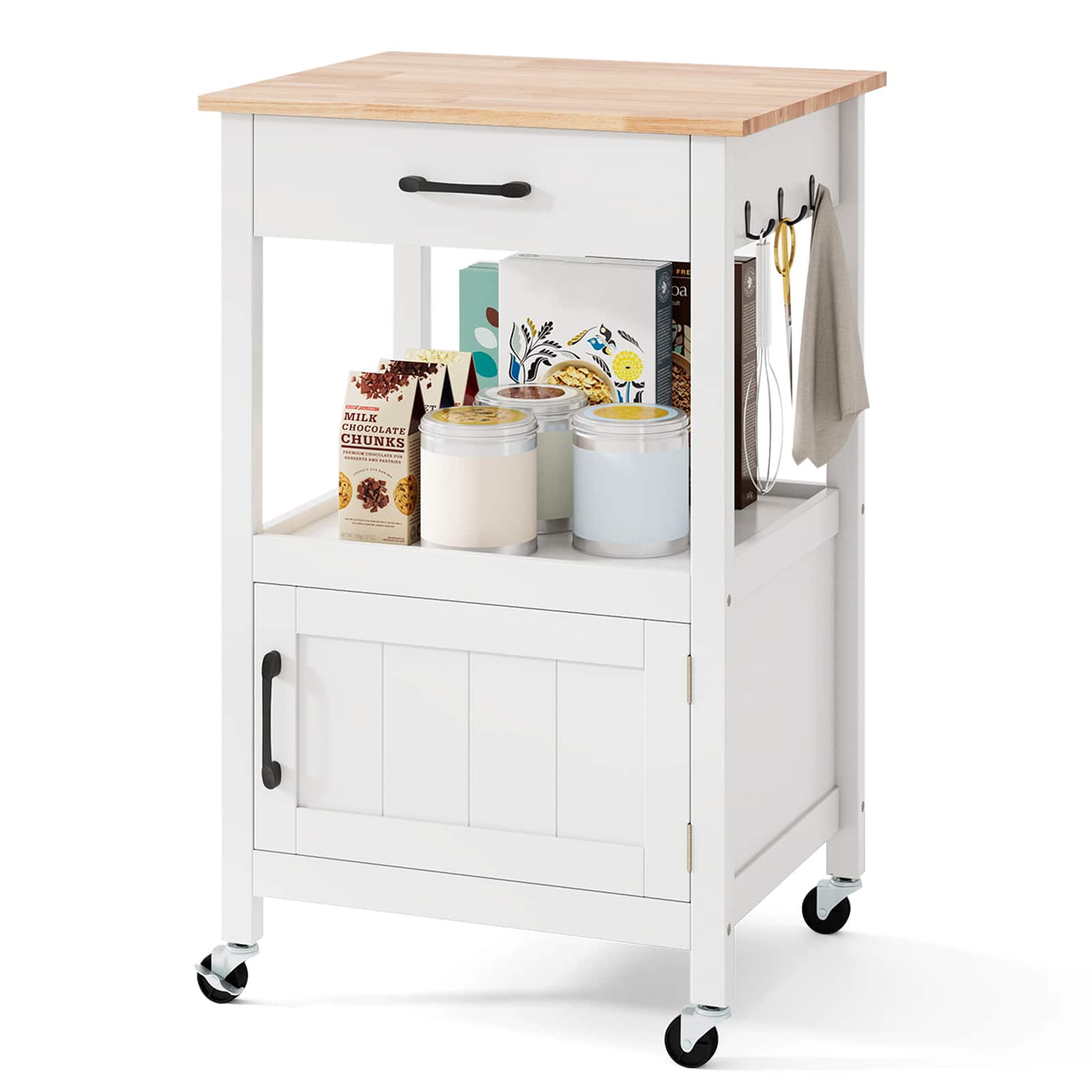 Gymax - Rolling Kitchen Island Kitchen Cart w/ Rubber Wood Top Drawer - White