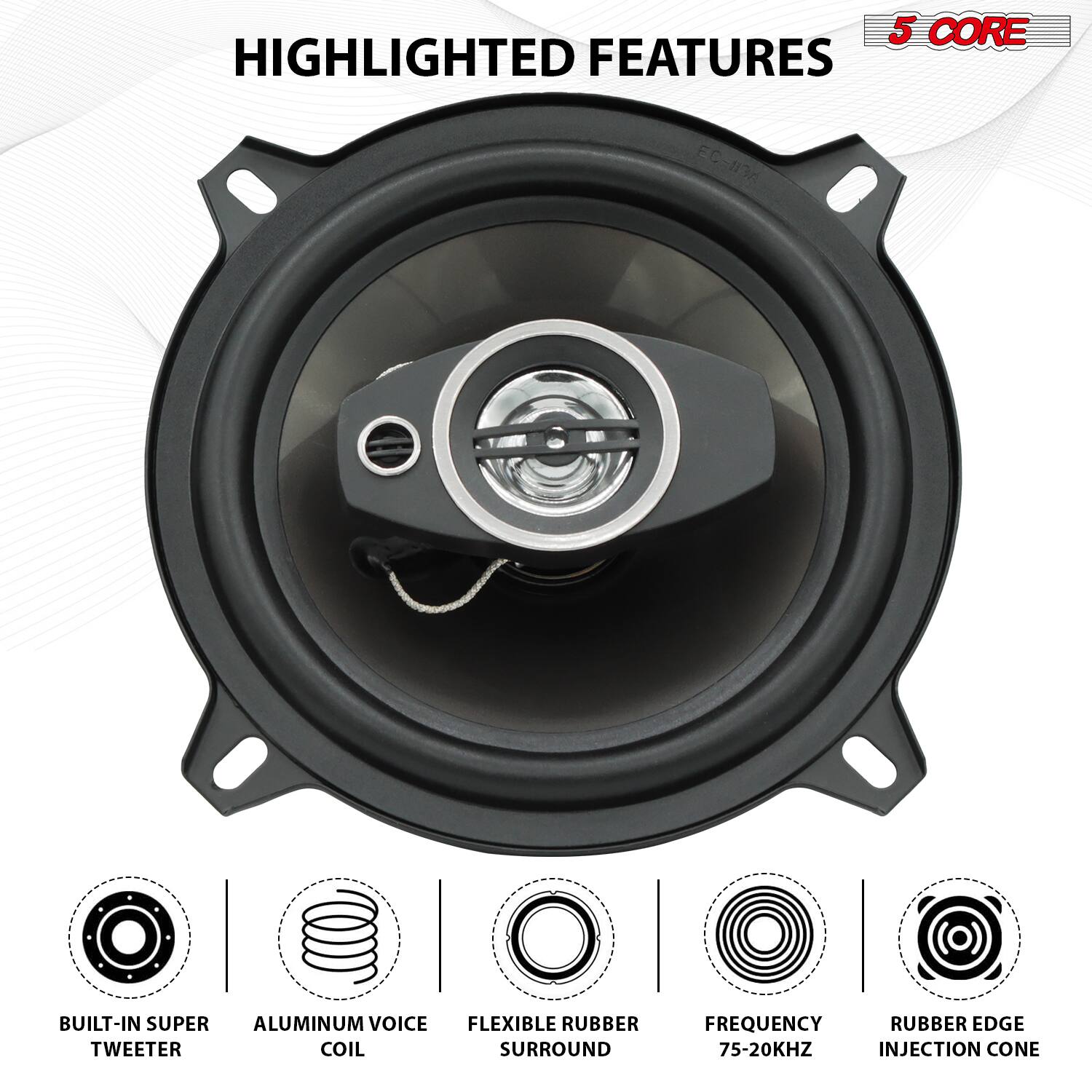 5 CORE HIGHLIGHTED FEATURES EC-II3A  
- BUILT-IN SUPER TWEETER  
- ALUMINUM VOICE COIL  
- FLEXIBLE RUBBER SURROUND  
- FREQUENCY 75-20KHZ  
- RUBBER EDGE INJECTION CONE