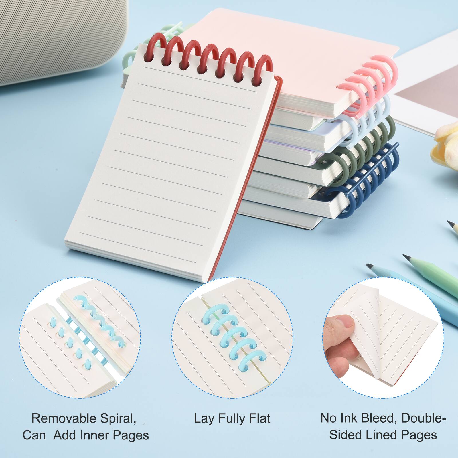 Removable Spiral, Can Add Inner Pages  
Lay Fully Flat  
No Ink Bleed, Double-Sided Lined Pages