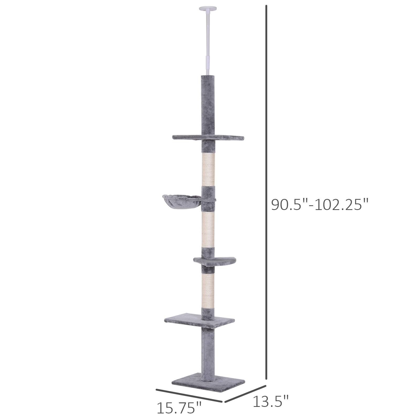 Left. Pawhut - 102" Adjustable Height Floor to Ceiling Cat Tree, 5 Level Cat Tower with Scratching Posts, Hammock - Grey.