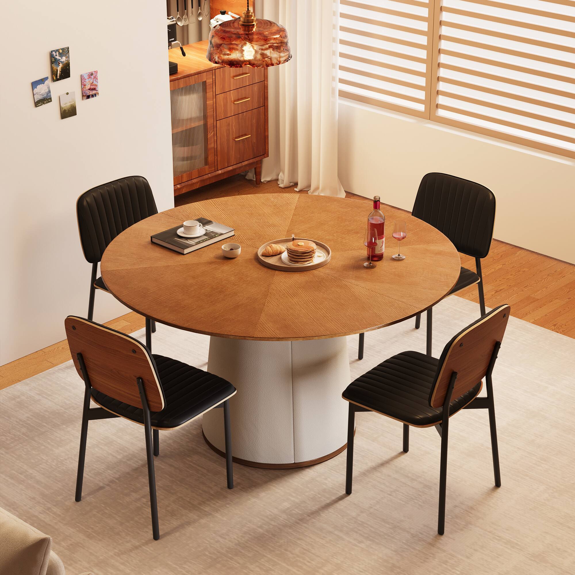 Angle. luck idea - Mid-Century Modern Round Dining Table , 59" Round Kitchen Table for 6-8 Persons, Stylish Dining Room Furniture - Walnut color.