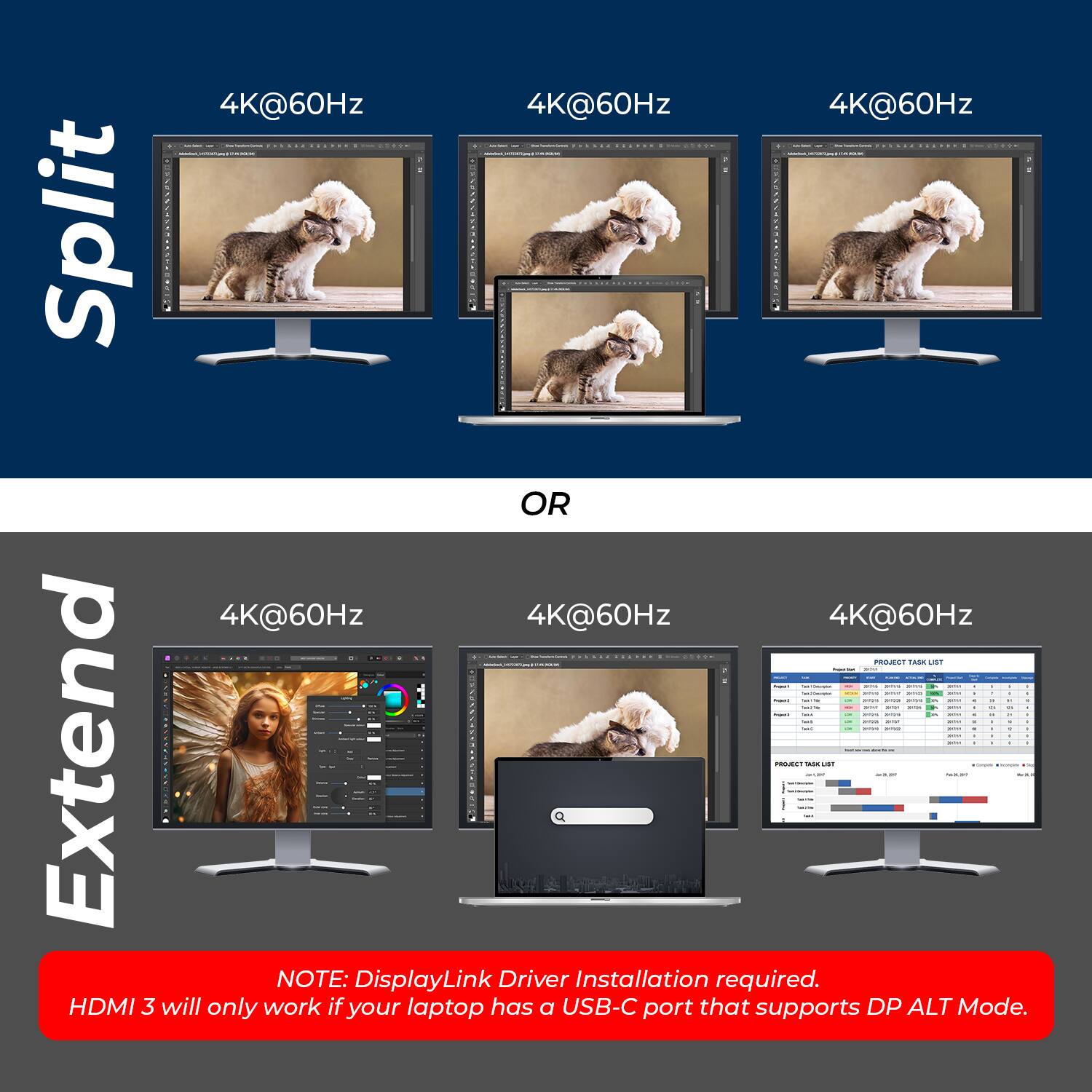 4K@60Hz 4K@60Hz 4K@60Hz  
| Split OR 4K@60Hz 4K@60Hz 4K@60Hz  
FOOT CAN I . a 1 I d Extend - on ...  
NOTE: DisplayLink Driver Installation required. HDMI 3 will only work if your laptop has a USB-C port that supports DP ALT Mode.
