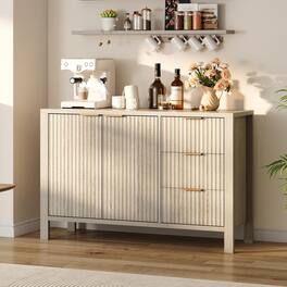 Babevy - 47" Fluted Sideboard Buffet Cabinet with 3 Drawers & 2 Doors, Wooden Credenza - Natural Oak