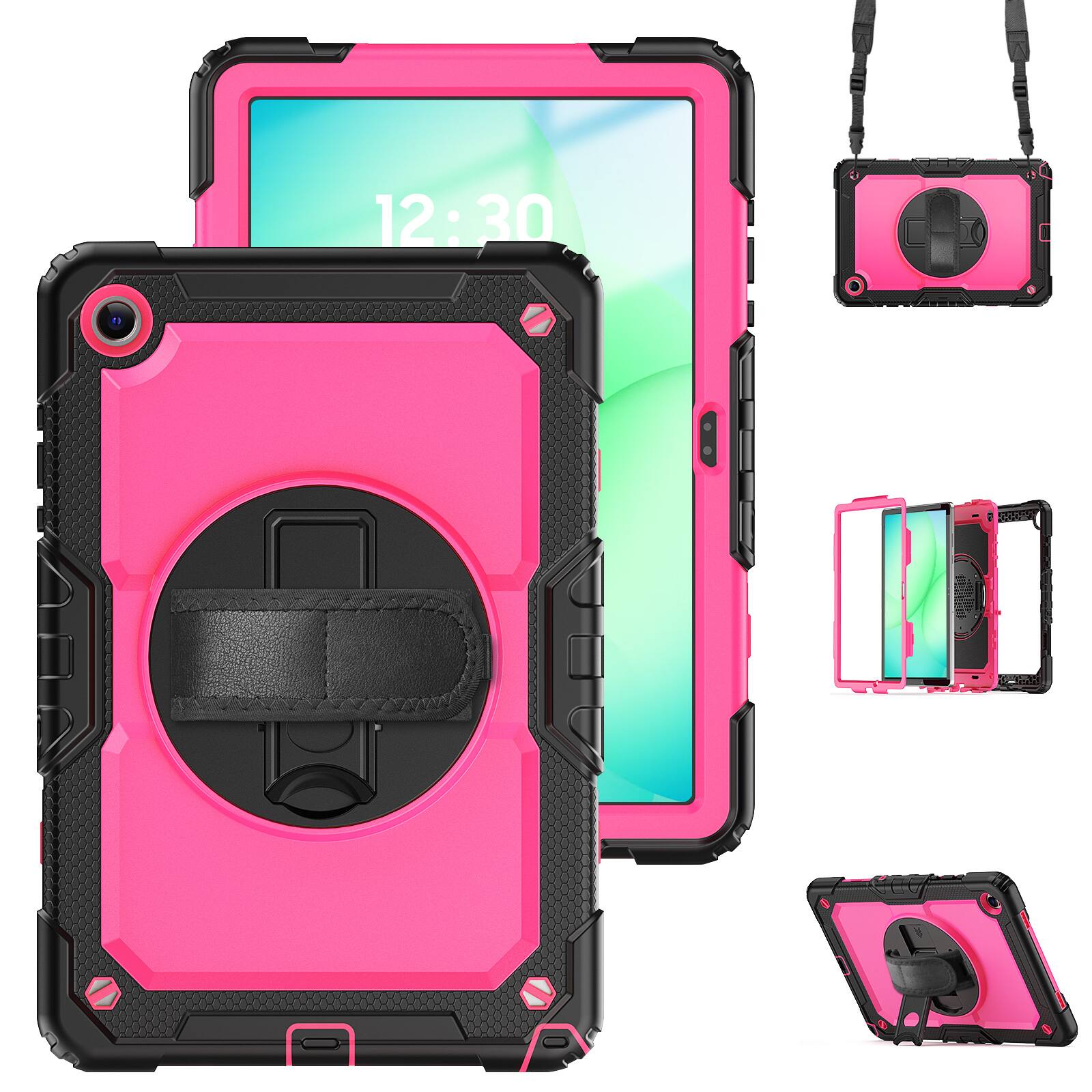Angle. Dteck - For Samsung Galaxy Tab A11+ 2025/A9+ 2023 Shockproof Three-Layer Stand Shoulder Strap Case Built-in Screen Protector - Rose+Black.