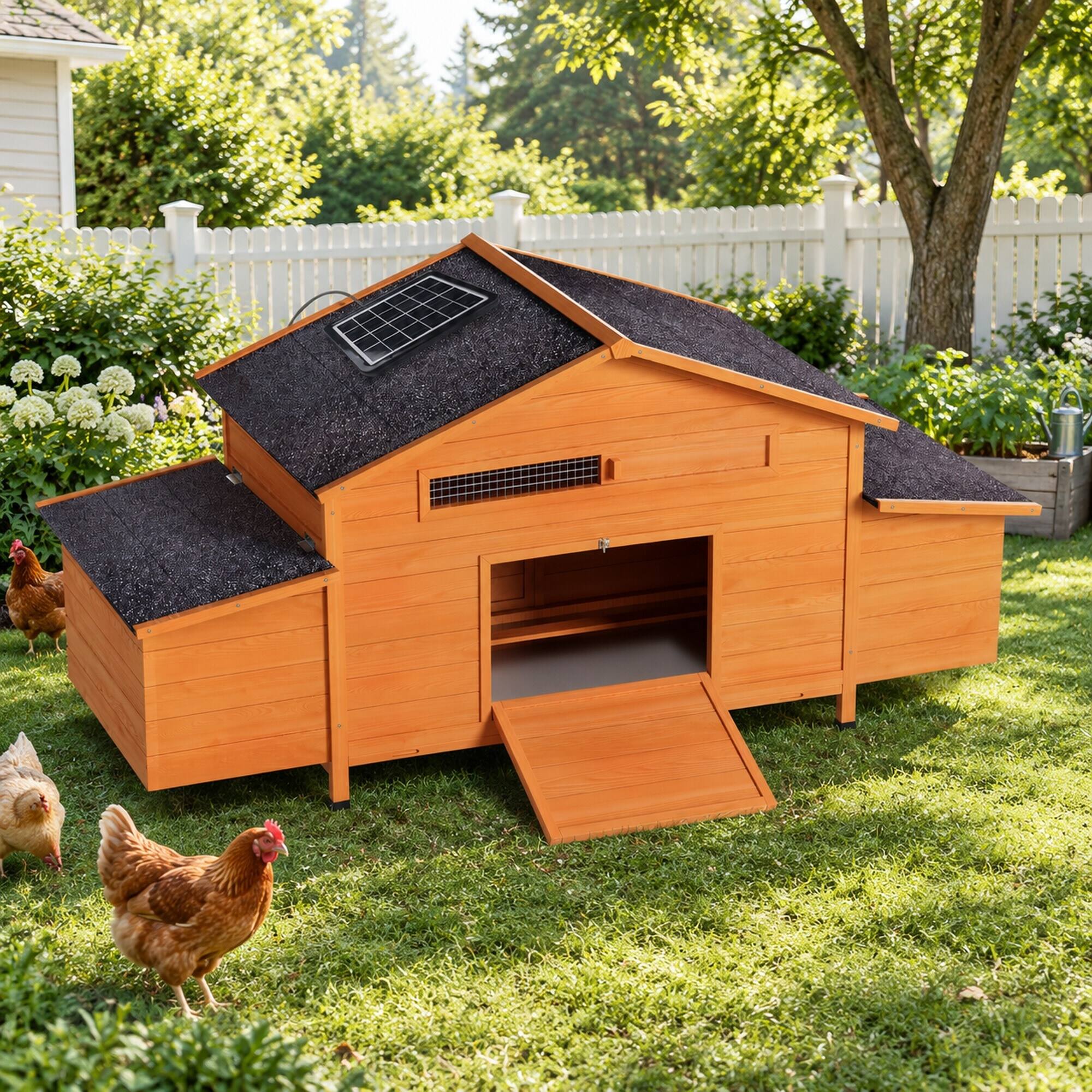Alt View 2. RYHNUYNE - 70 Inch Automatic Chicken Coop, Solar Powered Door, Solid Wood, 2 Nesting Boxes, Pull Out Tray.