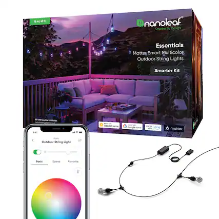 The image features a box of Nanoleaf Smarter by Design Essentials, which includes a Matter Smart Multicolor Outdoor String Lights Smarter Kit. The kit contains 20 addressable LED bulbs that can be controlled individually, allowing for various color combinations and scenes. The box also includes a smartphone app that can be used to control the lights, making it a convenient and modern solution for outdoor lighting.