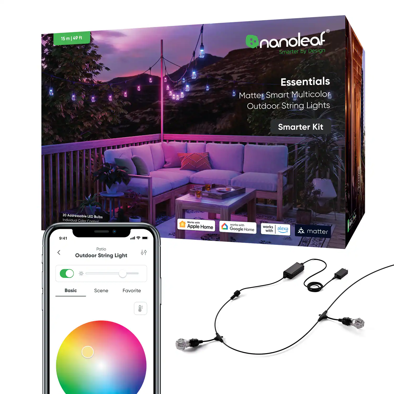 Nanoleaf - Essentials Smart Multicolor Outdoor String Lights Smarter Kit – 49 feet - White and Colors