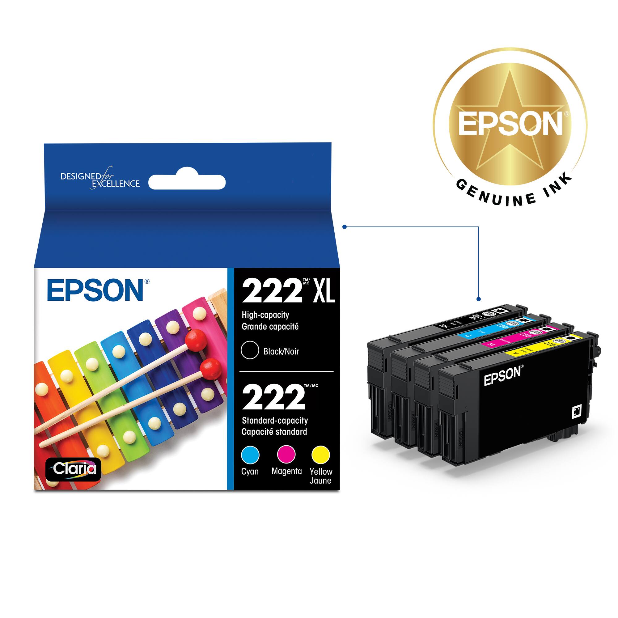 EPSON DESIGNED E XCELLENCE GENUINE INK EPSON 222 XL High-capacity Grande capacit Block/Noir TML/M 222 Standard-capacity Capacit standard 60 RI I T00 180 C1 EPSON Claria Cyan Magenta Yellow Jaune