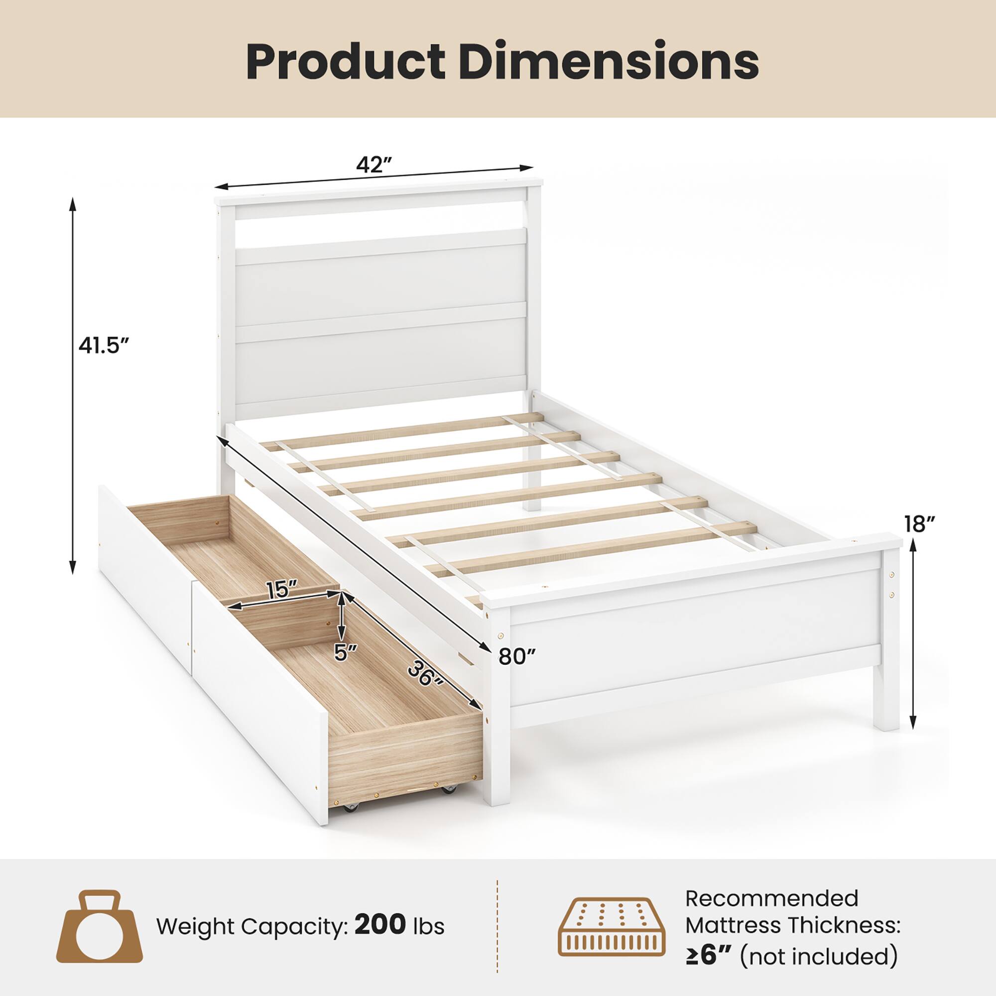 Product Dimensions
- 42"
- 41.5"
- 18"
- 15"
- 5"
- 36"
- 80"
Weight Capacity: 200 lbs
Recommended Mattress Thickness: 26" (not included)