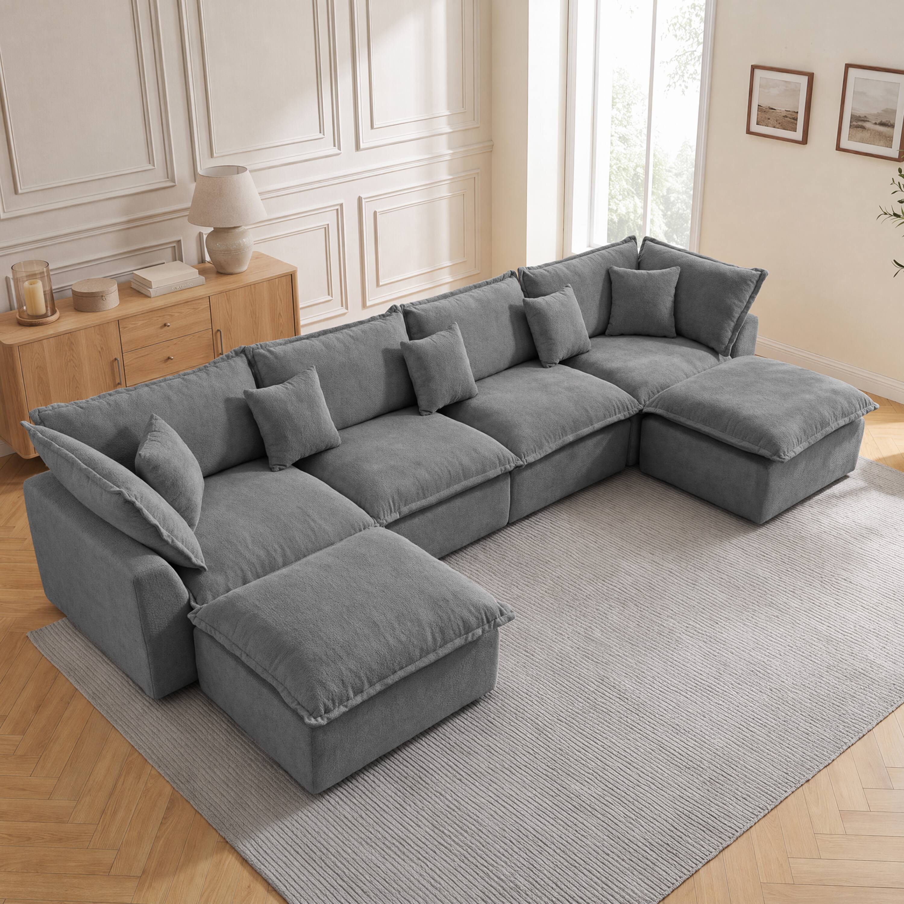 Front. Dyonery - Dyonery 170" Oversized Modular Sectional Sofa, U-Shaped Boneless Cloud Couch with Movable Ottoman, Throw Pillows - Grey.
