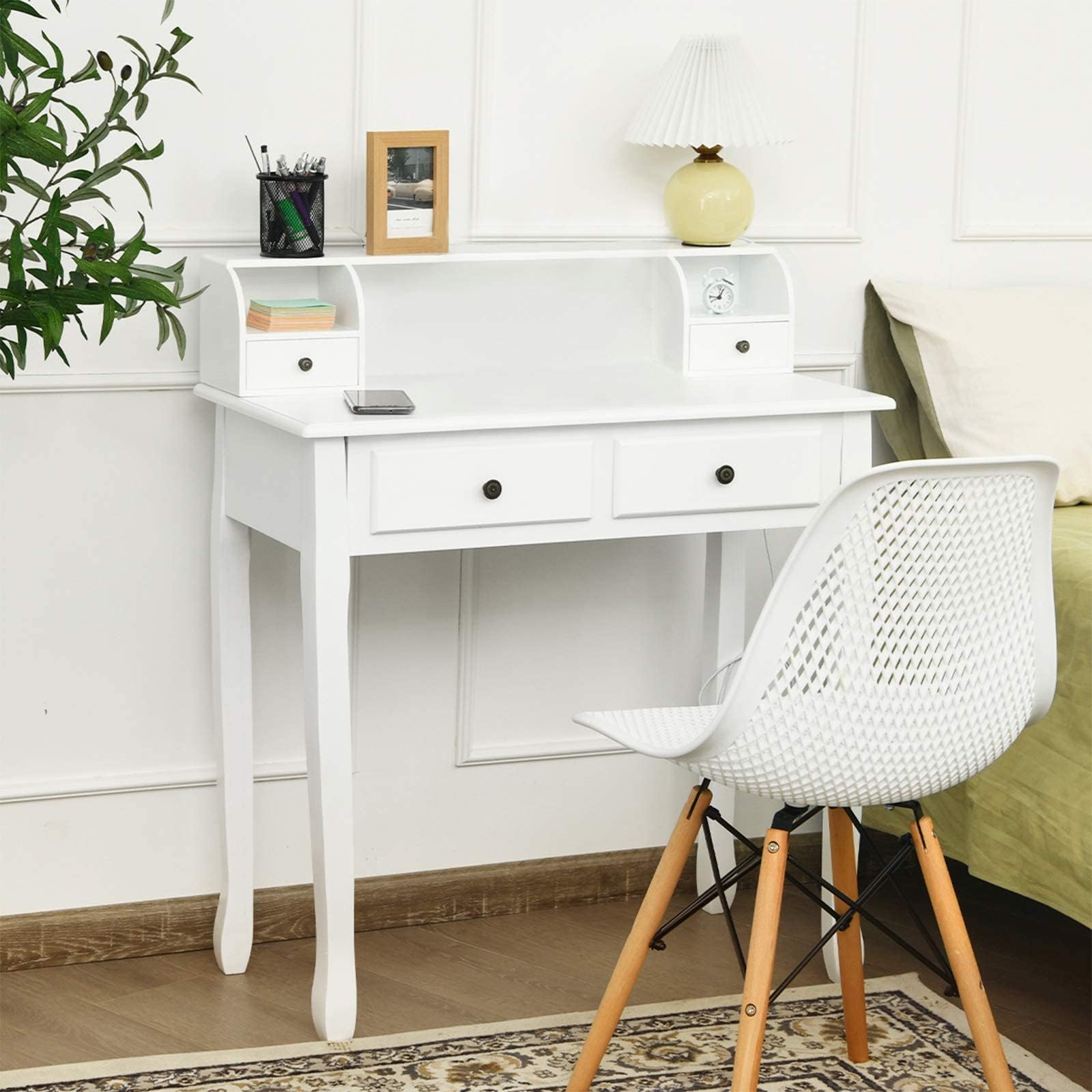 Alt View 1. Ecooso - Computer Vanity Desk with 2-Tier Organizer, Floating Storage Shelf and Spacious Work Surface - White.