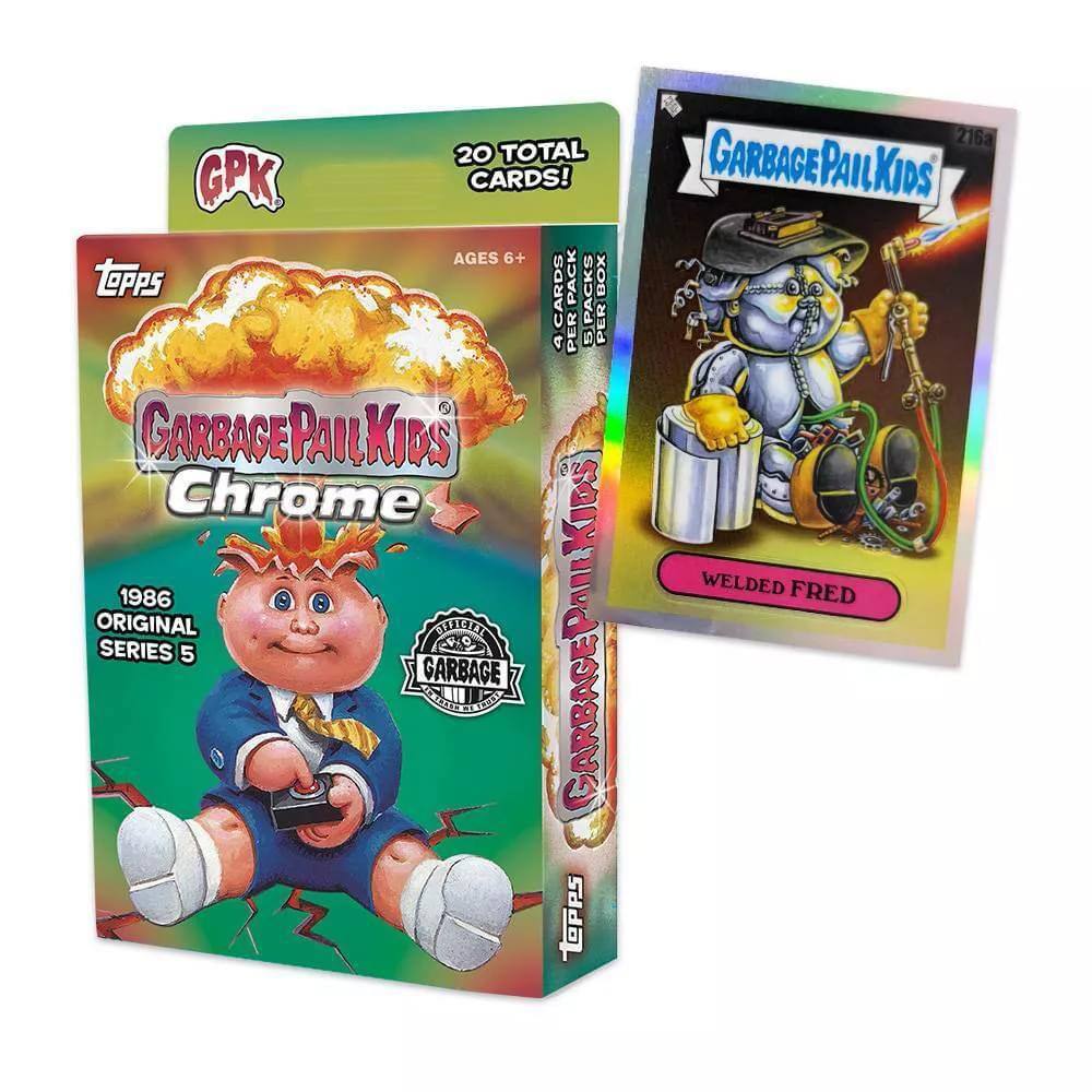 20 TOTAL GPK CARDS! AGES 6+  
TOPPS PACK BOX 4 CARDS PER SPACKS PER GARBAGE PAIL KIDS  
Chrome KIDS ORIGINAL 1986 BIRCHEN BO GARBAGE PAIL KIDS PAIL SERIES 5  
GARBAGE PAIL KIDS WELDED FRED