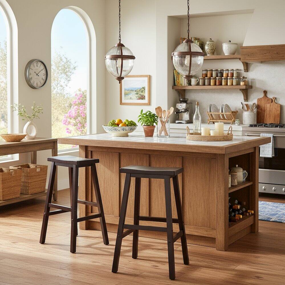 Alt View 2. FurniFact - Antique Walnut Solid Wood Saddle Seat Bar Stool - Walnut.